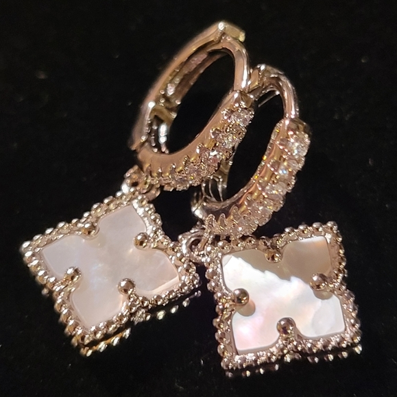 Floral Dangle Hoops White Mother of Pearl Crystal Silver Clover #13 - Picture 3 of 6